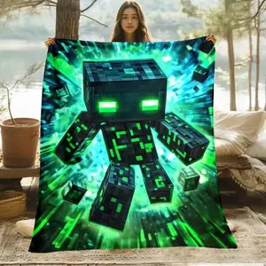 Green Pixelated Character Printed Portable Blanket - Lightweight, Soft & Warm Flannel Throw for Sofa, Travel, Camping, Living Room, Office, Chair & Bed - Contemporary Style, All-Season Use, Travel Blanket | Pixelated Design Soft Texture, Blanket for Bed,