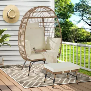 Oversized Wicker Egg Chair: PE Rattan Handwoven with Ottoman & Thick Cushions - American Design Indoor/Outdoor Furniture for Porch Backyard & Balcony - 500lbs Capacity Aluminum Frame & Weathe，Beige