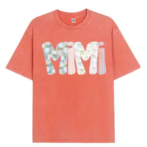 Wayii Fashion MIMI Patchwork Pattern Acid Washed Vintage T-Shirt, Floral & Bow Print Statement Tee, Coquette Aesthetic Casual Short Sleeve for Mimi Lovers
