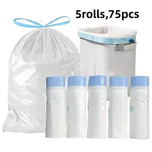 5 Rolls 75pcs Portable Drawstring Trash Bags, Durable Trash Bag, Ideal for Bathroom, Kitchen, Bedroom, Office, Easy Separable Small Trash Bags