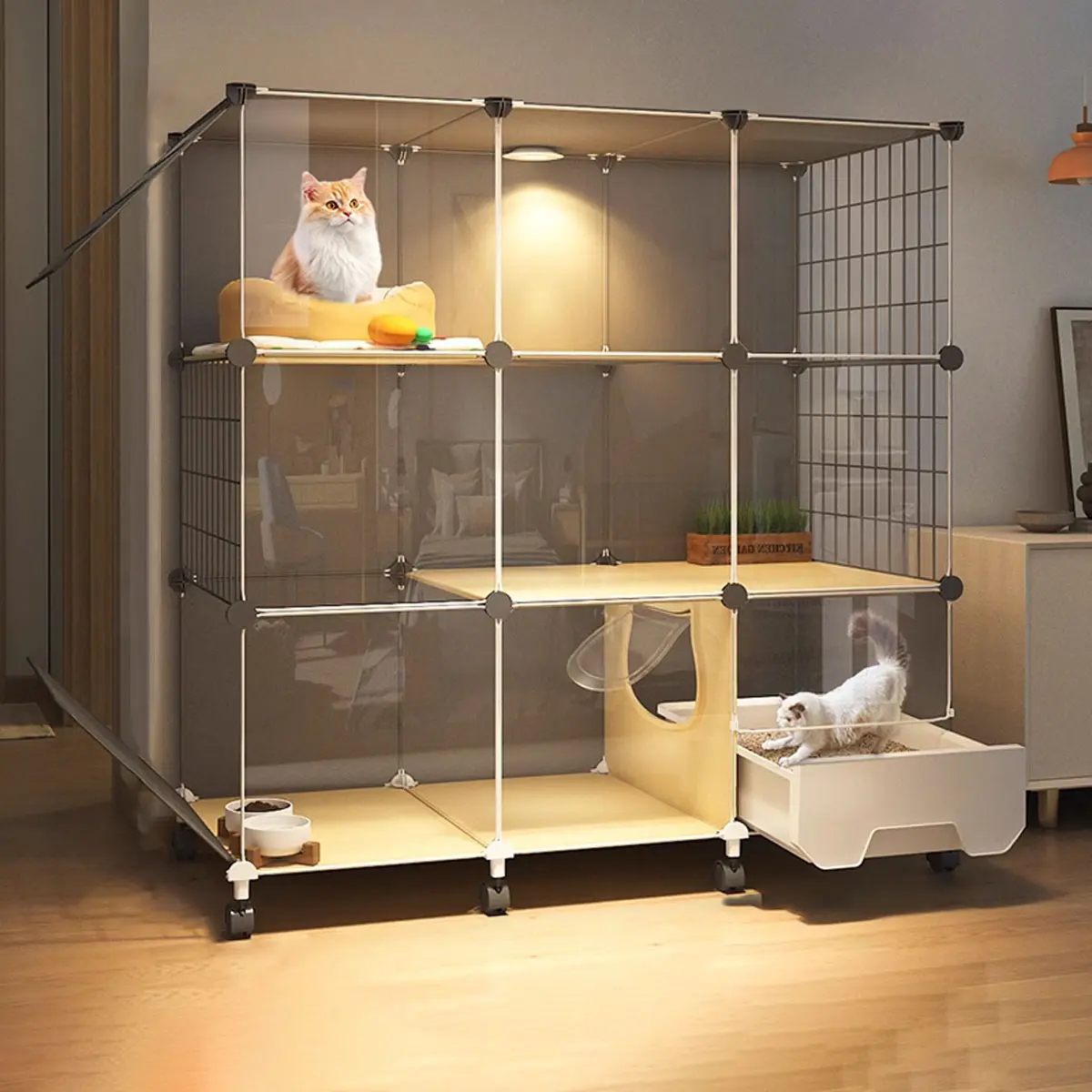 Large Indoor Cat Villa with Multi-Functional Design, Enclosed Litter Box and Climbing Frame, Cozy Cat House for Home