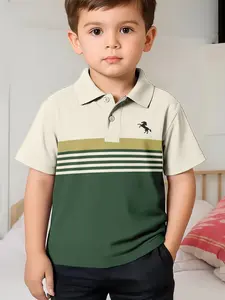Vintage Colorblock Collared Short Sleeve Polo Shirt, Casual Slim Fit, All Seasons, with Button, No Zipper, Stylish Kids' Clothing
