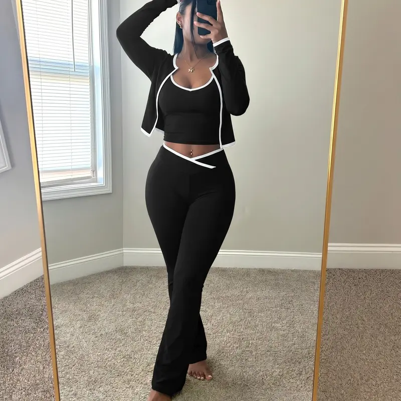 USBOUTIQUE CHIC Women’s 2026 3 Piece Activewear Set White Piping Cropped Jacket + Scoop Cami Top & Crisscross Waist Flare Leggings Lounge Outfit