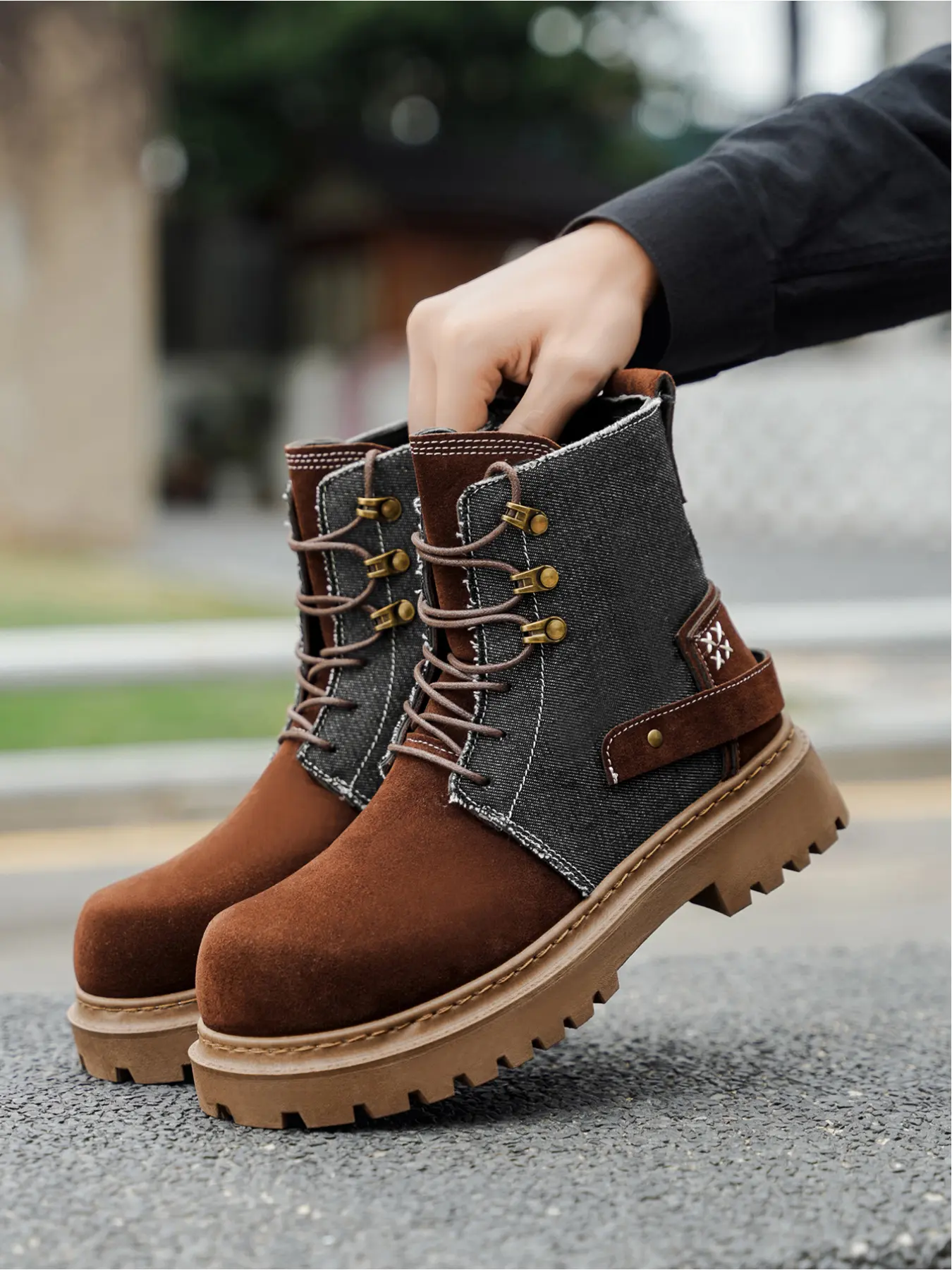 Men's Fashion Casual Hiking Boots | Cargo Style, Denim & Suede Patchwork, Hardcore Outdoor & Trendy Daily Wear, Autumn/Winter New Arrival, Non-Slip & Breathable Walking Shoes  The Dual Choice for Style and Function Footwear