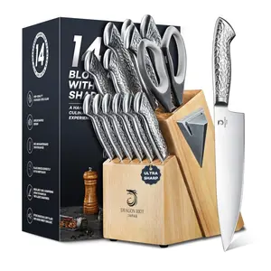 DRAGON RIOT Stainless Steel Knife Block Set - 14 PCS with Wood Block, Built-in Sharpener, Dishwasher Safe, Non-Slip Ergonomic Handle.