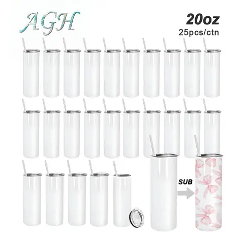 AGH 25pcs 20oz Sublimation Skinny Tumbler Stainless Steel Double Wall Vacuum Insulated  Leakproof Lid for Custom Designs Thermos Cup Portable