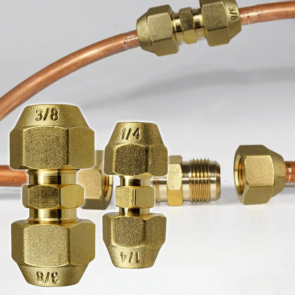 2-Piece Heavy Duty Copper Brass AC Pipe Extension Joint Connectors, Easy-to-Connect No-Weld Coupling Adapters with Flare Nuts for 3/8" & 3/8 and 1/4-inch Copper Tubes