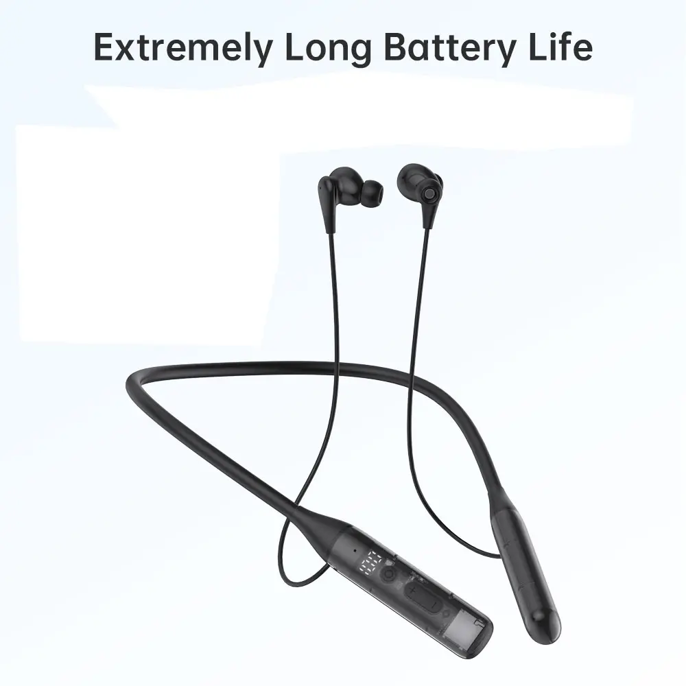 80-hour ultra-long battery life neckband wireless earphones, V6.0 stereo heavy bass in-ear earphones with microphone, LED display, waterproof—neckband earbuds for fitness/sports/business (black)