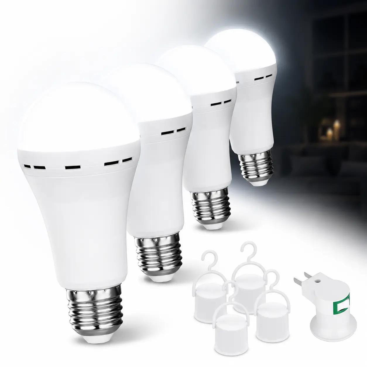 4 Pack Rechargeable LED Light Bulb for Power Outage, 1500mAh Emergency Bulb with Hook, 12W Cool White Light for Home Camping Hiking
