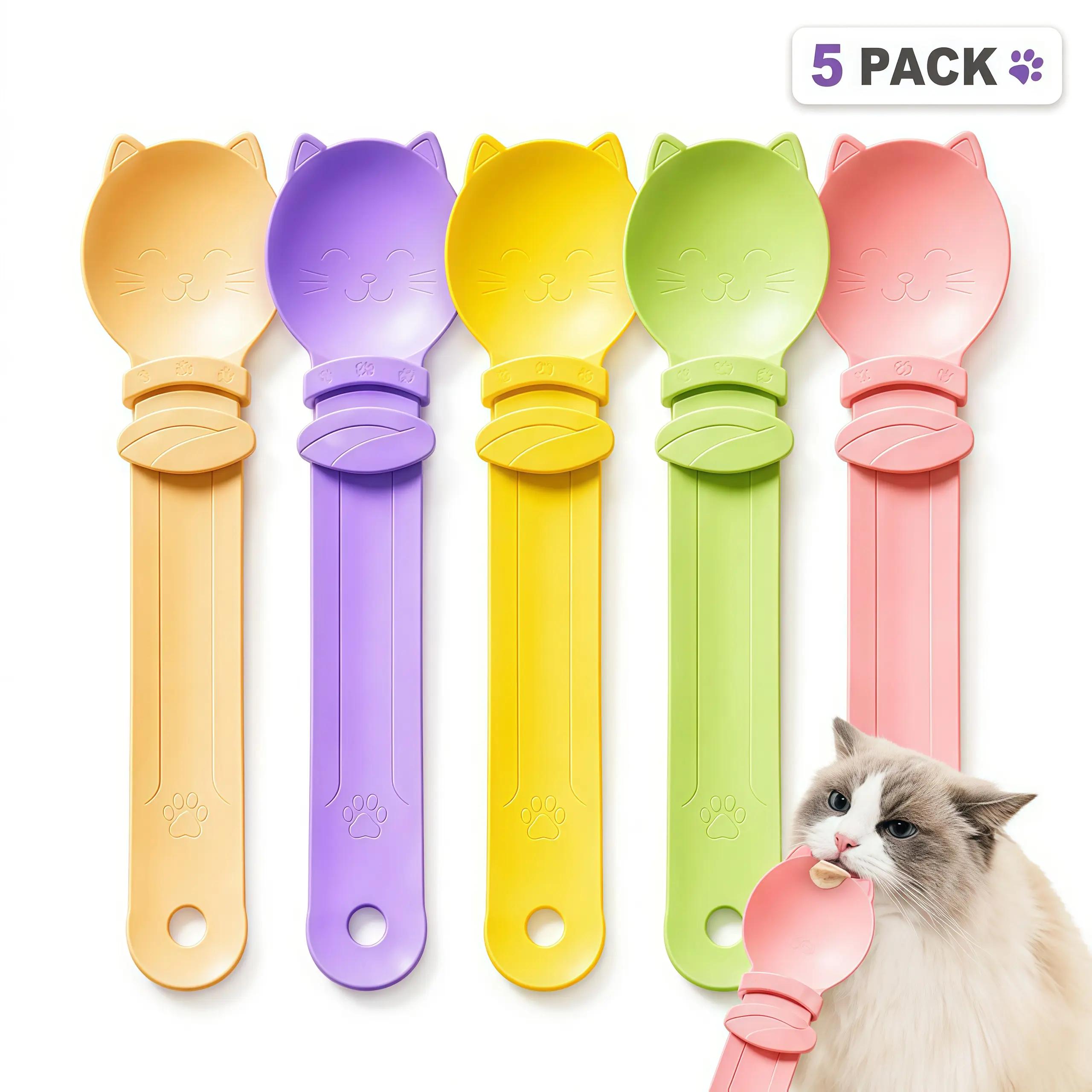 5-Pack Compact Interactive Cat Treat Squeezer Spoon - Playful Paw Print Design Wet Food Puree Licking Feeder, Adorable Kitten Aesthetic Kitchen Tool, Cat Parent Home Supply Gift