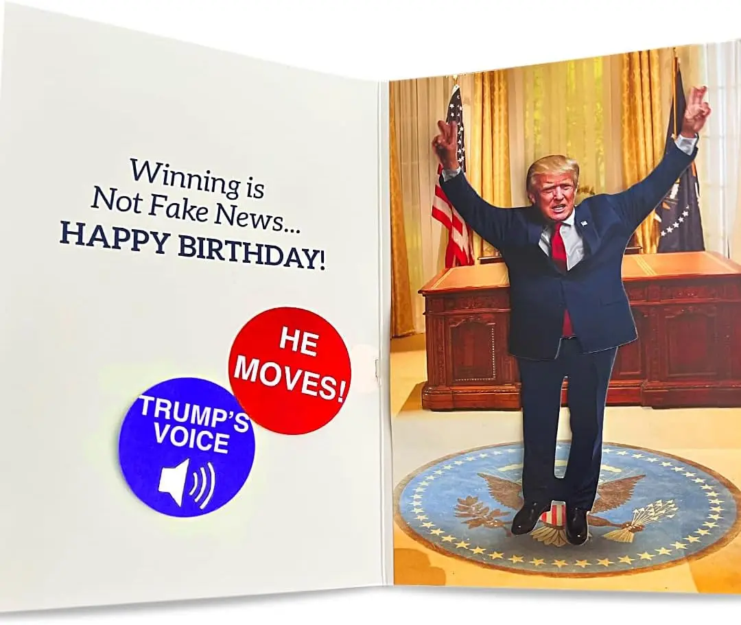 Talking & Dancing Donald Birthday Card - Pop-Up 3D Figure Moves & Plays Real Voice - Funny Trump Card for Him, Her, Dad, Brother - Hilarious Gag Gift with Music & Motion, Envelope Included