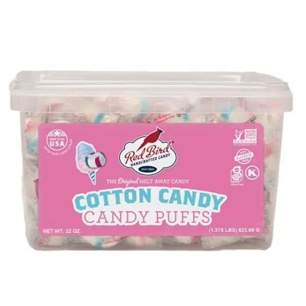 Red Bird Cotton Candy Mints, Bulk Individually Wrapped Soft Puffs, 22 oz Tub