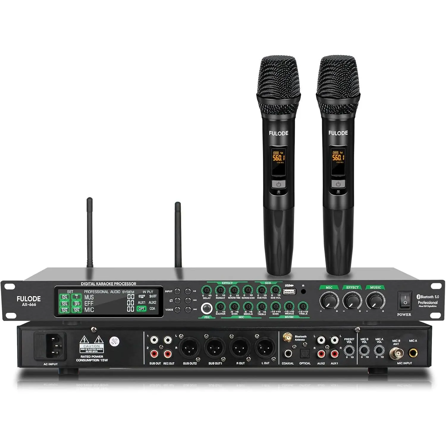 AX-666 Professional KTV Karaoke Processor Mixer Device with 2 Wireless Microphones, Remote, LCD, DSP Anti-Howling, Reverb, Digital Pre-Stage Effector, Audio Vocal Effects System, USB Type A MP3, Bluetooth, Optical Connectivity, Bluetooth Amplifier Mixer,