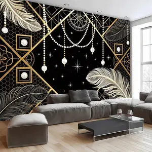 1PC,Gold Feather Theme Background Banner, Polyester Fabric, Feathers and Necklace Decorations, Perfect for Room, Patio, Studio, Home, Garden Celebrations