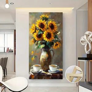1pc Framed Sunflower Canvas Wall Art - Vibrant Still Life with Tea Cups, Warm Tones Oil Painting Style, Decorative Vase Artwork for Living Room, Bedroom, or Home Office, Ideal Gift, Wood Frame Included, Bedroom Wall Art | Rustic Modern Decor | Wooden Fram