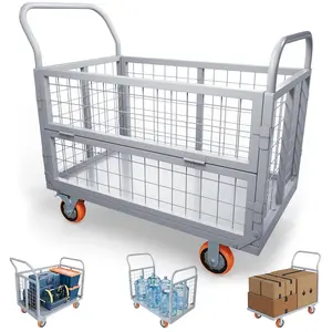 YINTATECH 2000lbs Platform Truck Cart with Cage, 6-in-1 Foldable Heavy Duty Hand Truck Flatbed Cart with 6" Swivel Casters, Multi-Functional Push Dolly for Grocery, Laundry, Warehouse, Storage