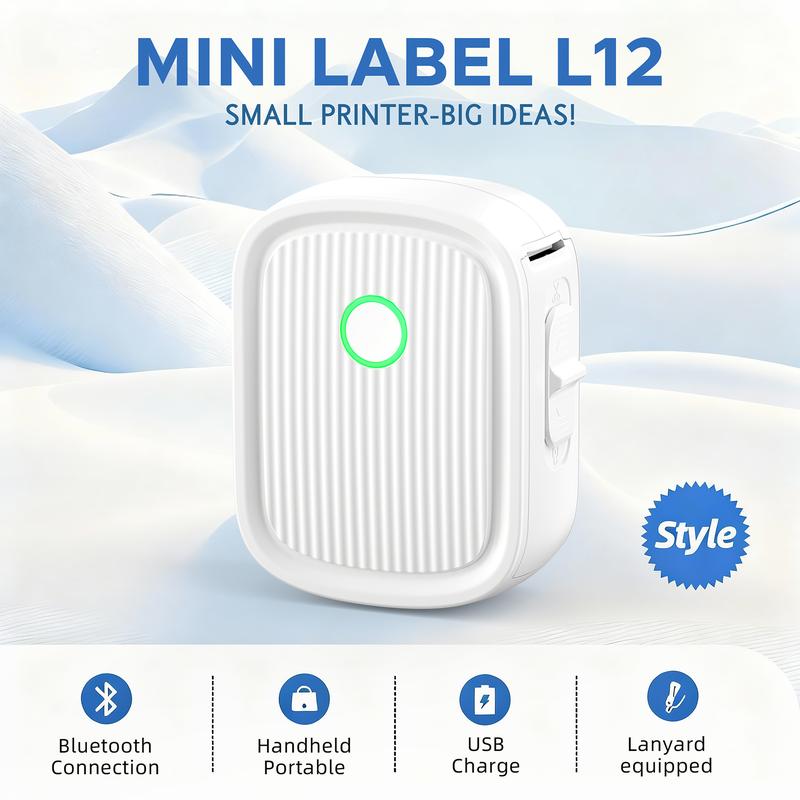 Mini Label Printer with Tape Bluetooth Maker Machine L12 Strap Wireless Printer for iOS & Android, Perfect for Home, Office Storage Boxes Organizing Inkless Printer DIY Barcode Name Price Sticker Study Note Desk Accessories File Organization