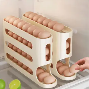 Slide-out egg storage box, 4-layer ladder-style egg holder for refrigerator side door, large-capacity automatic egg roller4 Layer Egg Storage Rack, 1 Count Sliding Egg Holder, Refrigerator Egg Holder for Home Kitchen Dining Room, Refrigerator Organizer