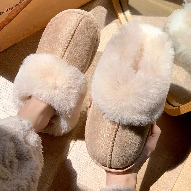 Women's Cozy Fleece-Lined Slip-On Moccasins with Fluffy Detail - Non-Slip Flat Sole Winter Home Slippers for Home Use, Indoor Lounging