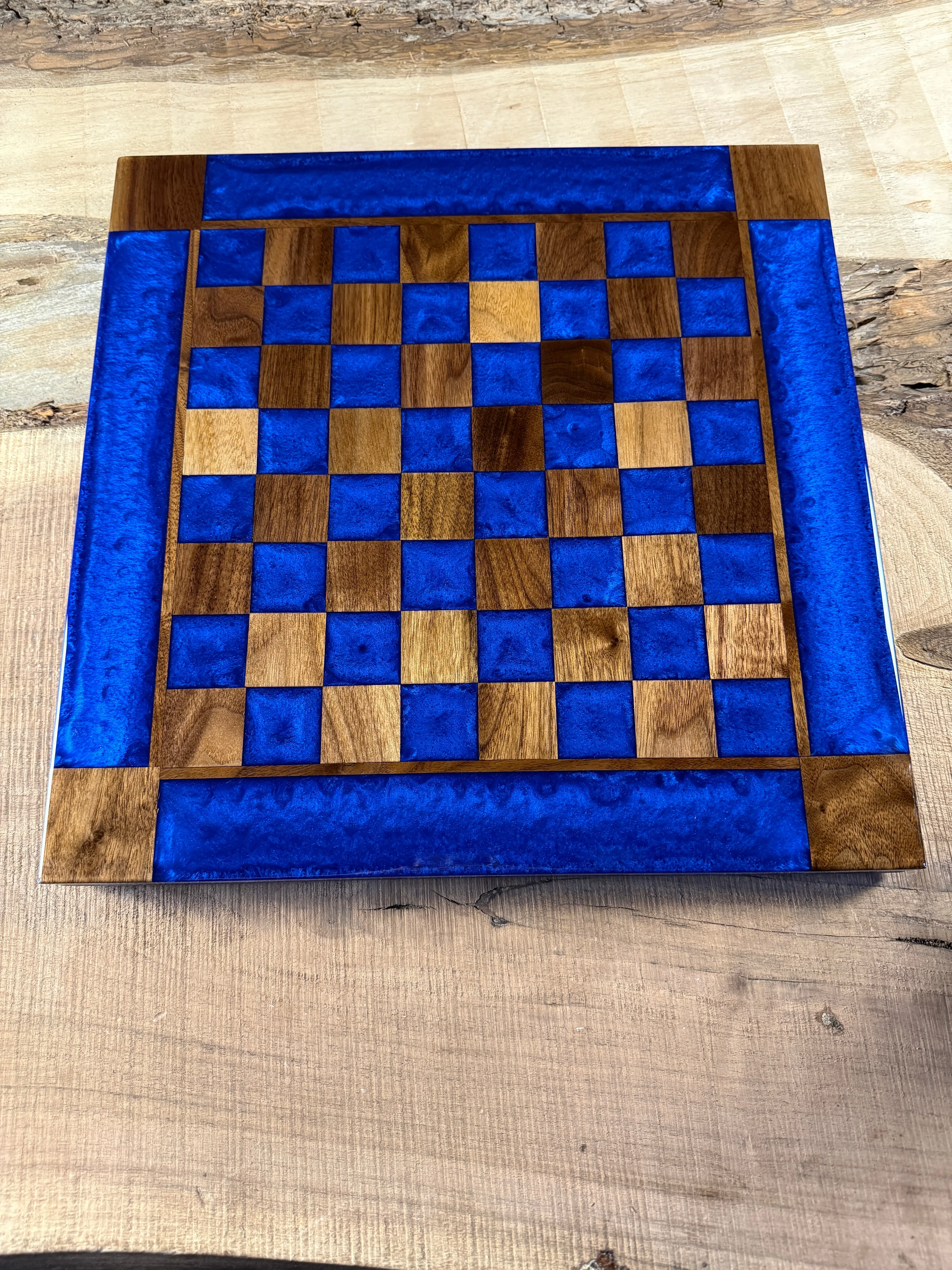 Deep Blue Walnut Chess Board (Glass Chess Set Included)