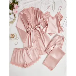 4pcs Lace Patchwork Faux Silk Camisole, Shorts, Pants, Robe Set