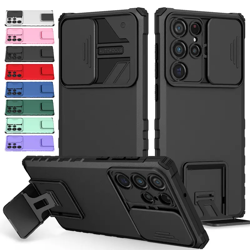 Heavy-Duty Dual Layer Cellphone Casing for Galaxy S21-S25 Ultra Plus, Protective Shockproof Soft TPU+PC with Kickstand, Abrasion Guard, Strapless Slide Camera Lens Protector (Shockproof Cellphone Accessory)