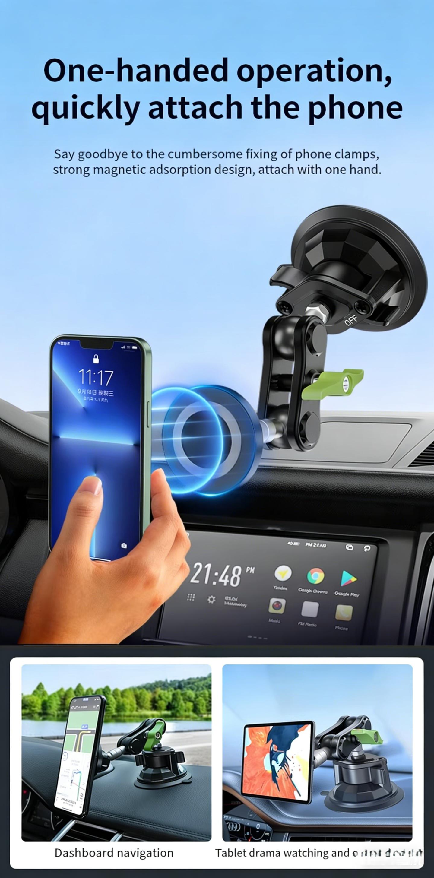 Magnetic Car Phone Mount with Strong Suction 360° Adjustable Hands-Free Holder for iPhone Android Multi-Scene Nav Live Shooting Universal Car Gadget