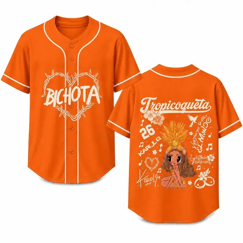 Orange K- Karol Tropicoqueta Baseball Jersey, Viajando Por El Mundo Tropitour 2026 Shirt, Latina Music Dancer La Bichota Short Sleeve Country Music Shirt, Shirt, Gifts Fan Merch