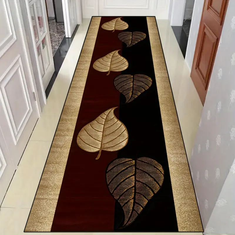 Velvet Runner Rug, Vintage Brown Gold Leaf Hallway Carpet, Non Slip Washable Long Entryway Floor Mat for Bedroom Kitchen Decor