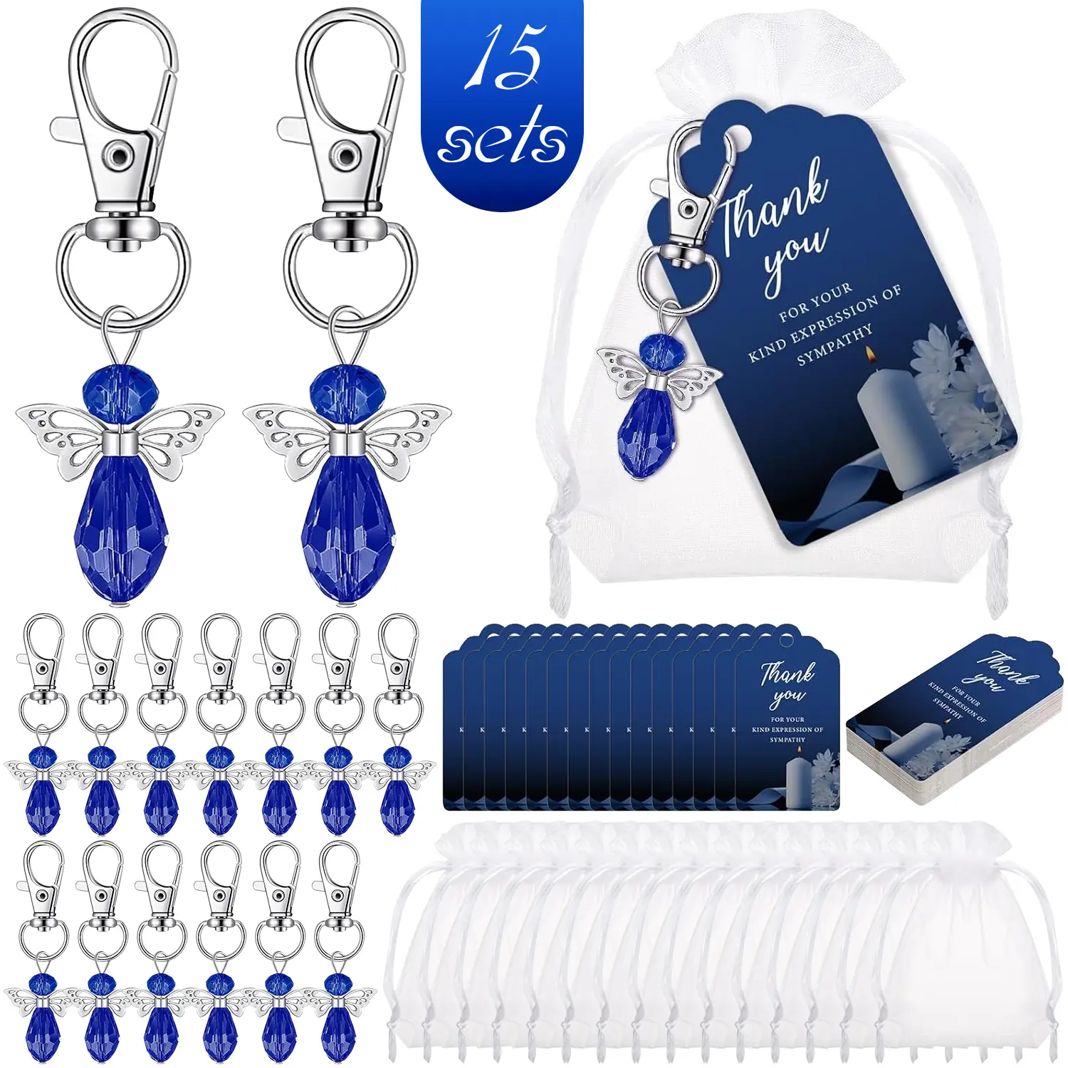 15 Sets Alloy Copper Alloy Angel Keychains with Organza Bags & Sympathy Thank You Tags, Funeral Favors for Memorial Party Guest Return Gifts