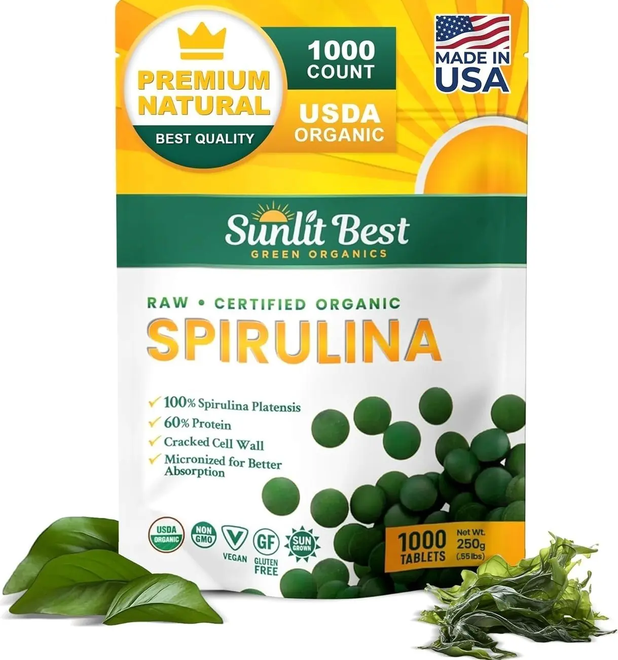 Sunlit Best - USDA Organic Spirulina Tablet - Natural Super Greens Supplements for Immune Support, Gut Health & Boost Energy Tablets with Chlorophyll, Vegan & High Protein Non GMO, 1000 Superfood Tabs