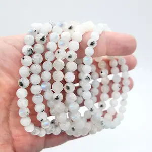 Natural Crystal Gemstone Dainty Bracelet, 6mm Round Gemstone Beads Rainbow Moonstone Crystal Beaded Stretchy Bracelet for Women, Birthday gift, Christmas gift, Couples gift, Wedding Bracelet Women gift, Mother's Day gift