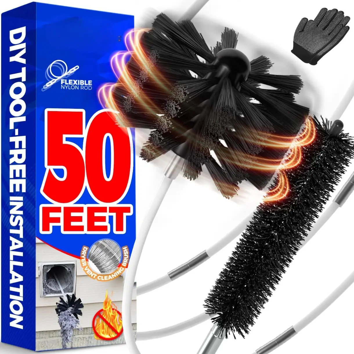 50Feet Dryer Vent Cleaner Kit - Flexible Lint Brush with Drill Attachment, Extends up to 50Feet for Fireplace Chimney & Dryer Vent Cleaning,Use with or Without a Power Drill