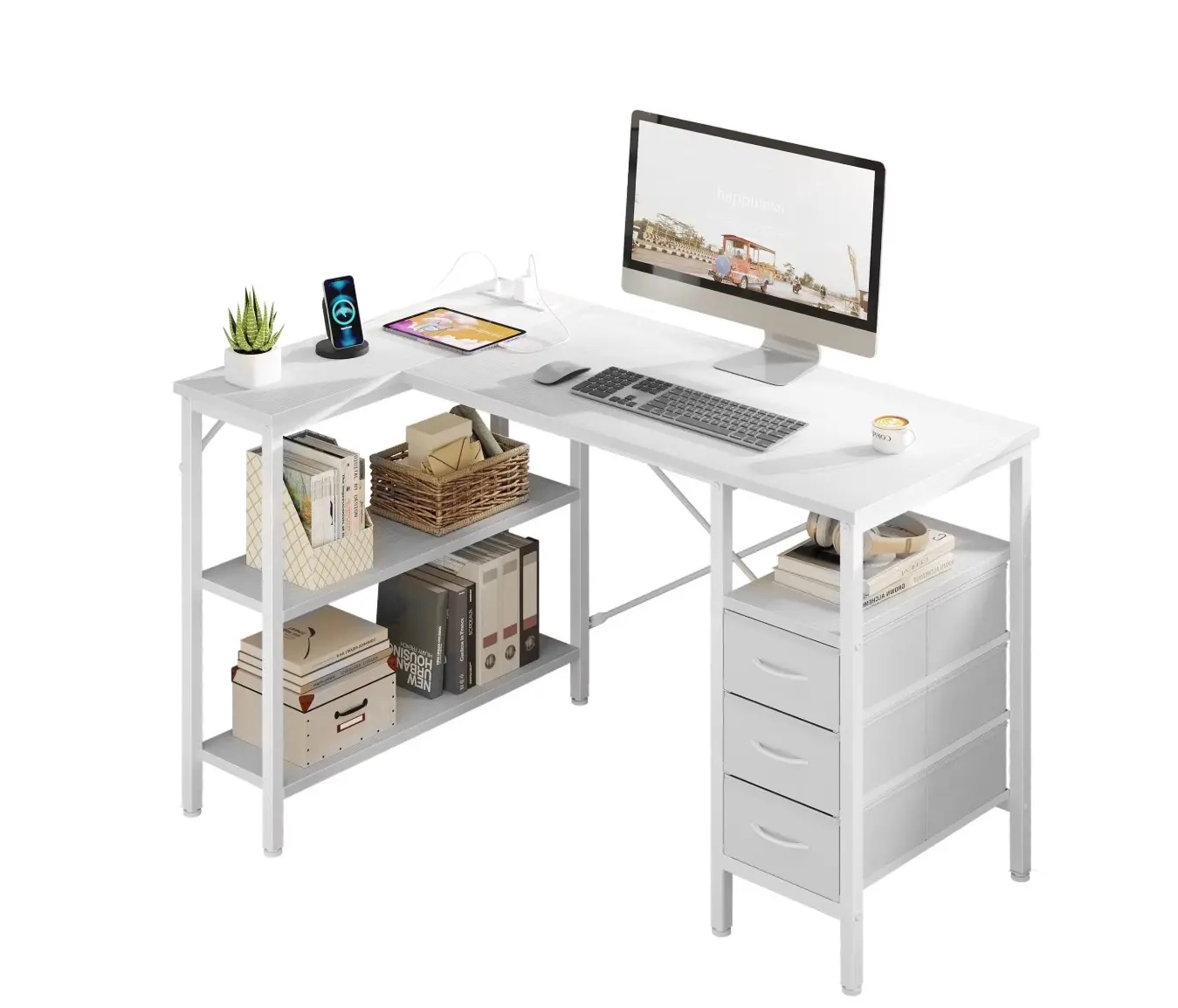 47 Inch L Shaped Desk with Power Outlets, Computer Desk with 3 Drawers, Shelves, Monitor Stand, Corner Work, White