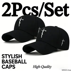 2Pcs Set Unisex Baseball Caps Cross Embroidery Decor Breathable Acrylic Material Classic Two Tone Black And White Design Adjustable Duckbill Sport Hats Lightweight Durable Headwear For Daily Wear And Outdoor Activities
