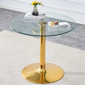 Modern 35-inch Round Tempered Glass Dining Table with Gold Metal Legs Stable Design for Small Spaces Family Meals and Living Rooms
