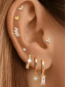 Minimalist 8 Pairs Golden Flat Back Stud Hoop Combo for Women Men High-quality Hypoallergenic Surgical Stainless Steel Ear Jewelry Cartilage Lobe Multi-piercing Layouts Dainty Tiny Pieces Clean Aesthetic Ear Stacks Effortlessly Fine Polished Surface