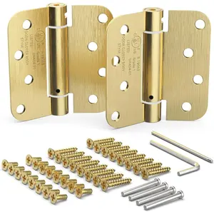 Self Closing Door Hinges, Spring Hinge Door Closer, Spring , Auto Close, 4 Inch, Automatic Closer, Auto Shut For Interior, Garage, Exterior, Adjustable Tension, 5/8" Radius Corner, Brass, 2 Pack