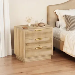 Fluted Nightstand Wood Night Stand With 3 Drawers Storage Bedside Table Large Fluted Bed Side End Table Modern Nightstand For Bedroom Living Room