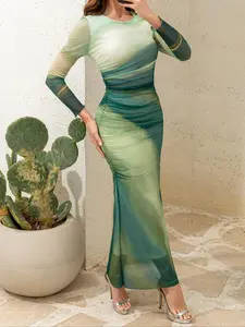 Women's Tie Dye Ruched Bodycon Dress, Elegant Long Sleeve Round Neck Long Maxi Dress for Party Holiday Wedding Guest, Ladies Clothes for All Seasons, Fall Outfits, Fallfreshness, Womenswear