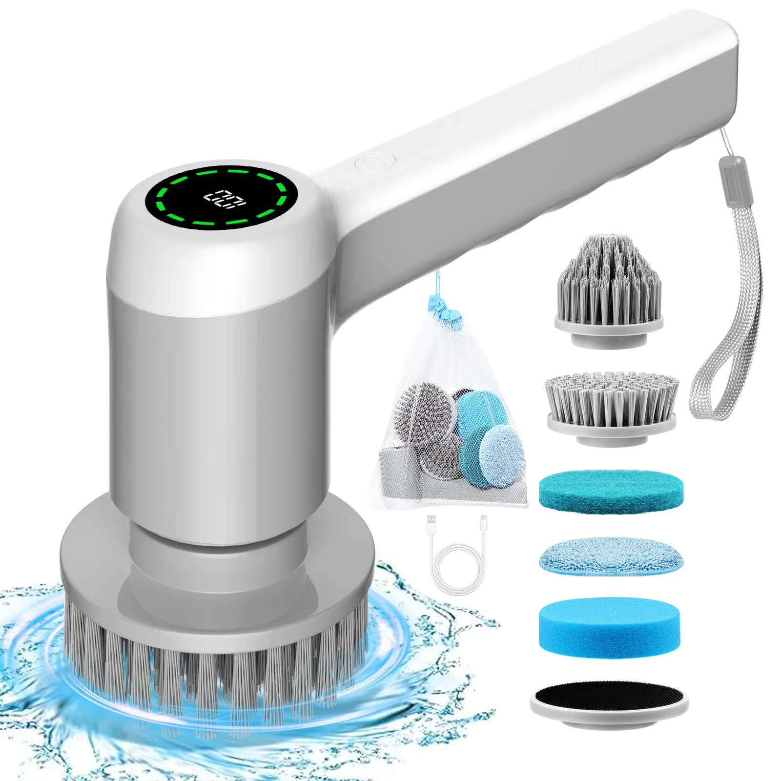 Electric Spin Scrubber, Cordless Shower Scrubber with Battery Level Display, 2 Speeds Electric Scrubber for Cleaning with 5 Replaceable Heads, Cleaning Brush for Bathroom/Sink/Window