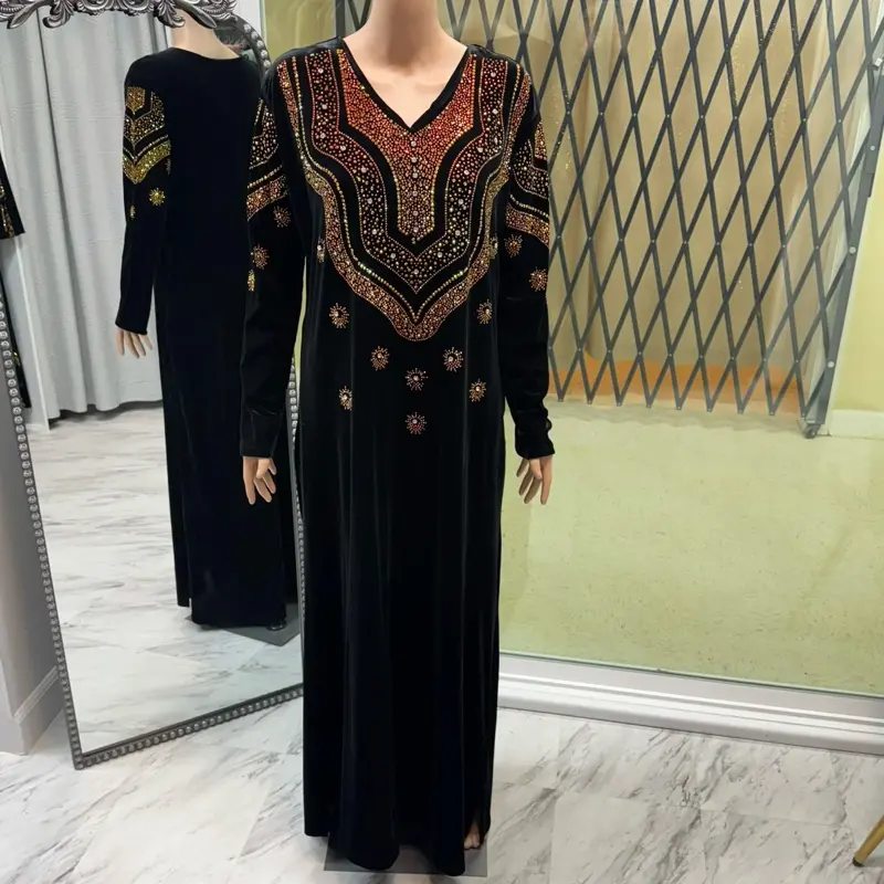 black velvet dress with rhinestone design on chest and sleeves - TikTok Shop