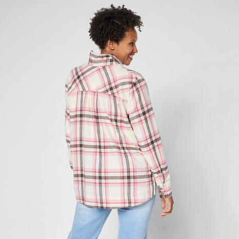 Hue Plaid Flannel Button-Down Hi-Low Hem Shirt