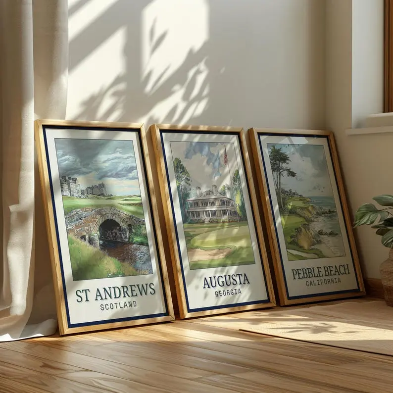 [Sale off up to 55%][Free Ship] Famous Golf Course Wall Art Set of 3 - (Augusta, Pebble Beach & St Andrews) - Vintage Golf Poster Sets for Man Cave or Birthday Golf Gift,