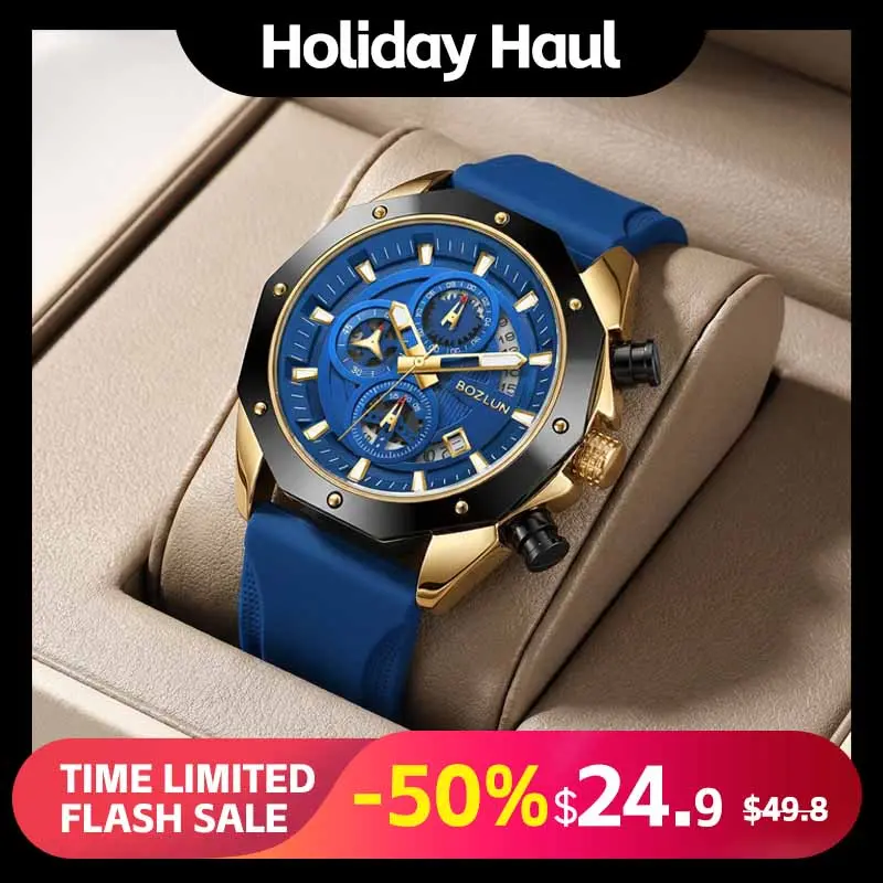 BOZLUN Men's Luxurious Fashionable Waterproof Quartz Watch - 3ATM Water-Resistant, Glow-In-The-Dark Self-Luminous Analog, Hardlex Glass, Chronograph, Multi-Functional Timing, Calendar, Fashionable Waterproof Watch, Water-Resistant Quartz Watches