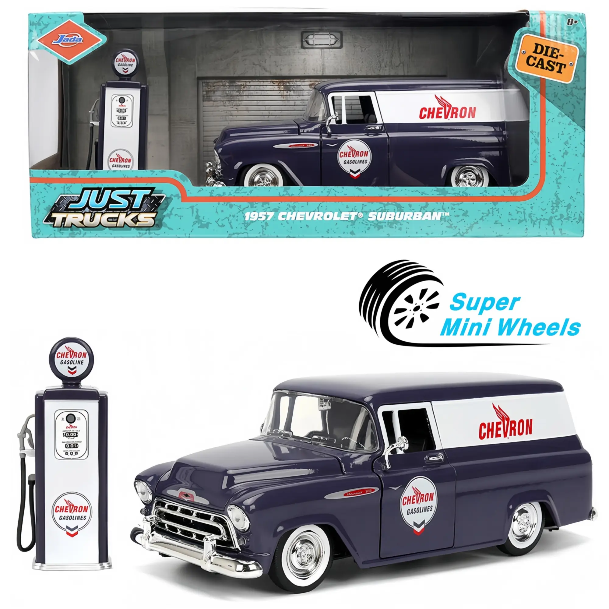 Jada 1:24 1957 Chevrolet Suburban with Chevron Gas Pump – Blue – Just Trucks #35044