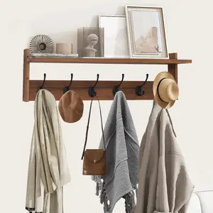 ArtBeek 29” Coat Rack Wall Mount Shelf with Hooks Coat Rack with 6 Hangers for Living Room Bedroom Entryway Brown Backpack Hooks Bag Shelf