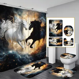 1/3/4PCS Celestial Horses Shower Curtain set, Heavenly Creatures Bathroom Decor, Accessories with Bath Mat, U-shaped Mat,Toilet Lid Cover, 12 Hooks 180x180cm Curtain, Mythical Equines, Home Decor, bathroom accessories.