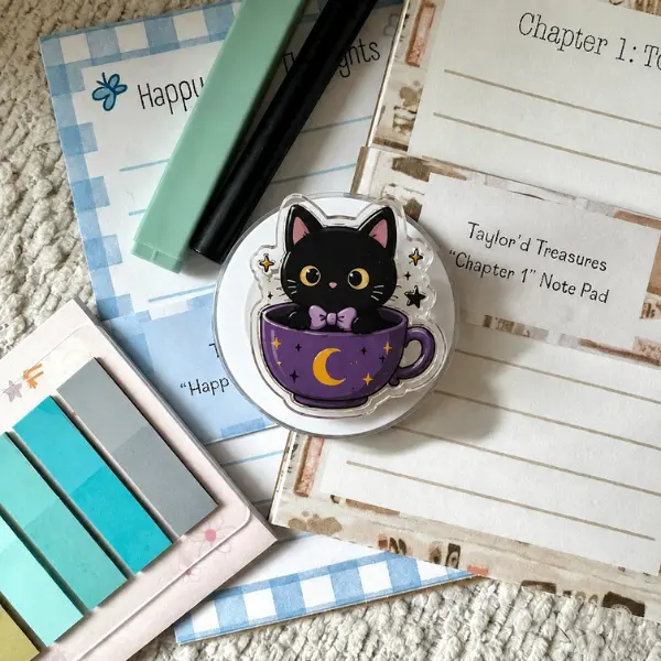 Black Cat in Purple Teacup MagSafe Phone Grip, Cute Spooky Kitty with Moon & Stars PopSocket, Aesthetic Witchy Cat Lover Accessory, Fall Cozy Gift, TikTok Viral Merch