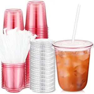 50 Sets Clear Plastic Cups with Lids and Straws, Disposable Iced Coffee Cups Drinking PET for Cold Drinks, Juice, Smoothie, Coffee Shops, Party, Christmas (14 oz,Pink)